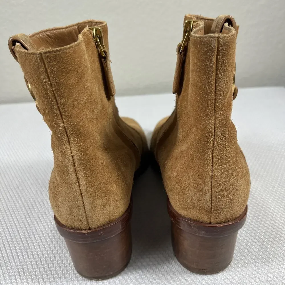 Tory Burch Marsden Bootie Tan Suede‎ Size 7M With Gold Logo On Both